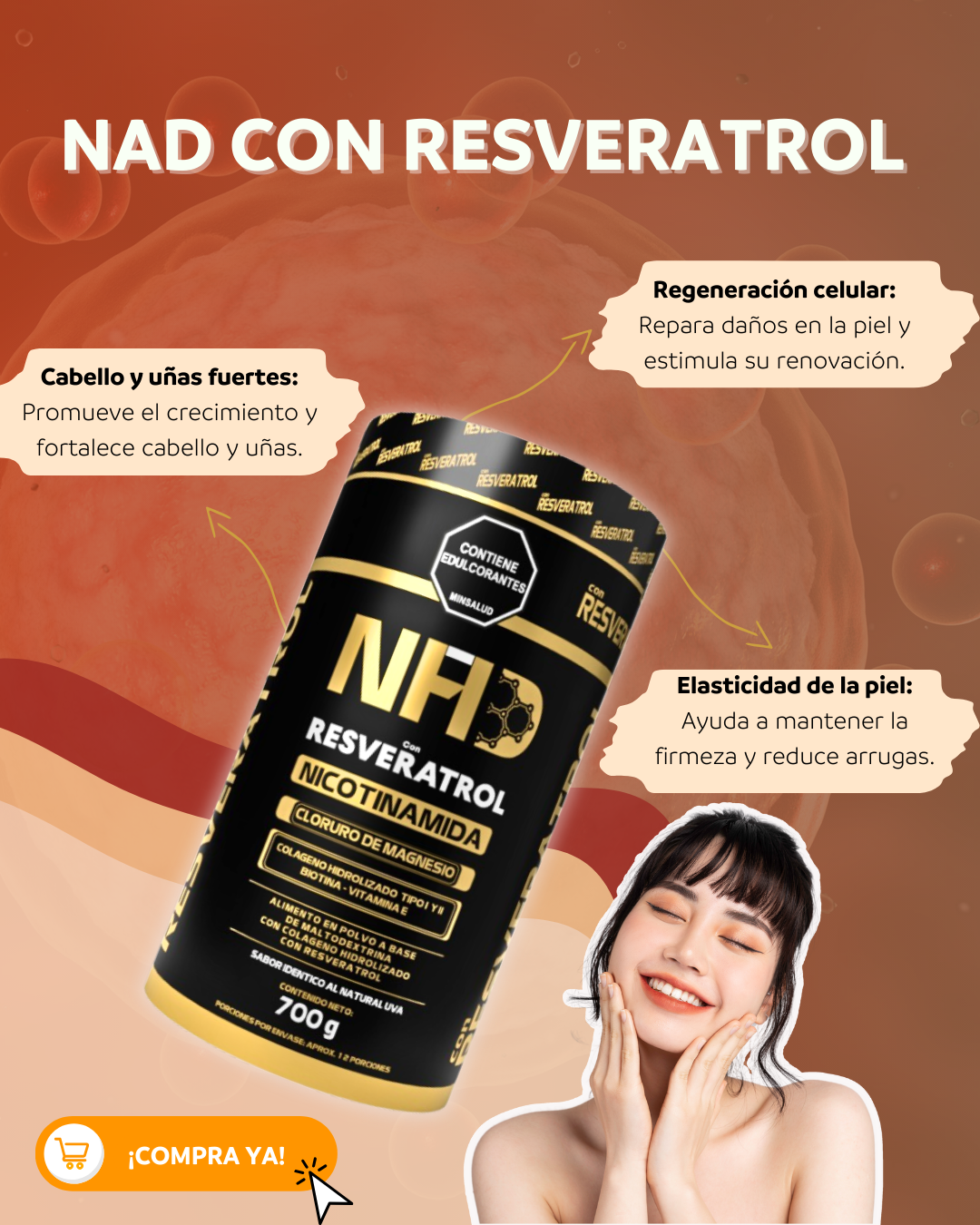 NAD+ Resveratrol polvo con INVIMA