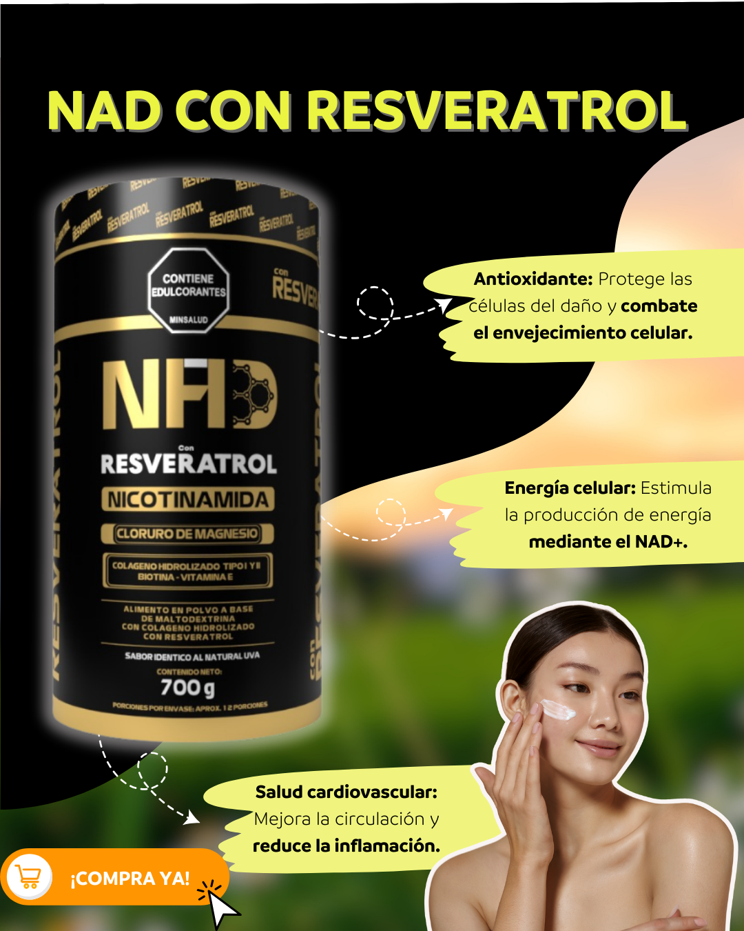 NAD+ Resveratrol polvo con INVIMA